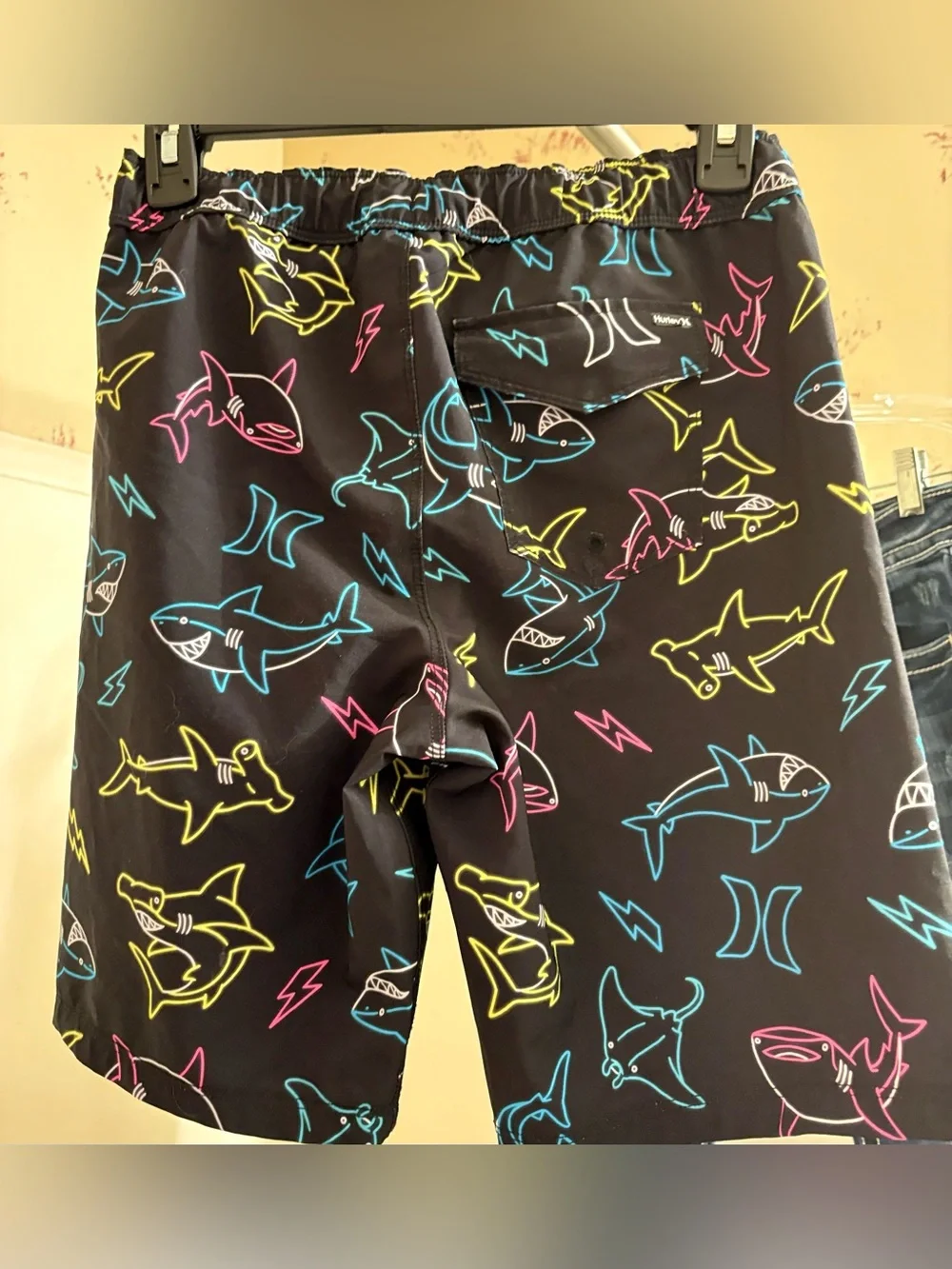 Hurley Black Swim Shorts with Neon Shark Pattern